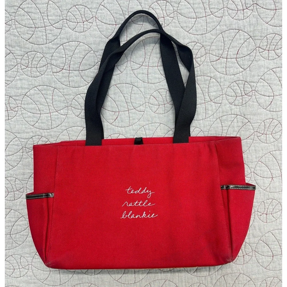Kate Spade New York Diaper Bag Red Canvas Teddy Rattle Blankie Leather Trim